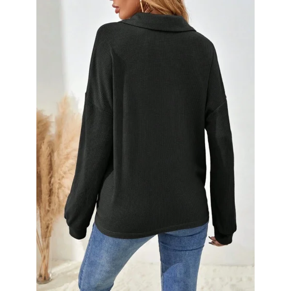 Kadın Uzun Kollu Yakalı Düğmeli Salaş Waffle Bluz