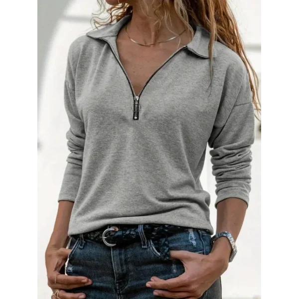 Kadın Uzun Kollu Yakalı Fermuarlı Iki Iplik Bluz