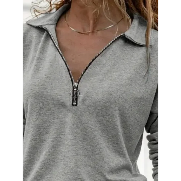 Kadın Uzun Kollu Yakalı Fermuarlı Iki Iplik Bluz