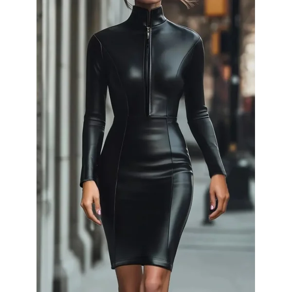 Kadın Uzun Kollu Yakalı Fermuarlı Mini Deri Elbise