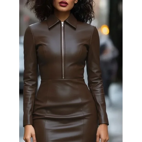 Kadın Uzun Kollu Yakalı Fermuarlı Mini Deri Elbise