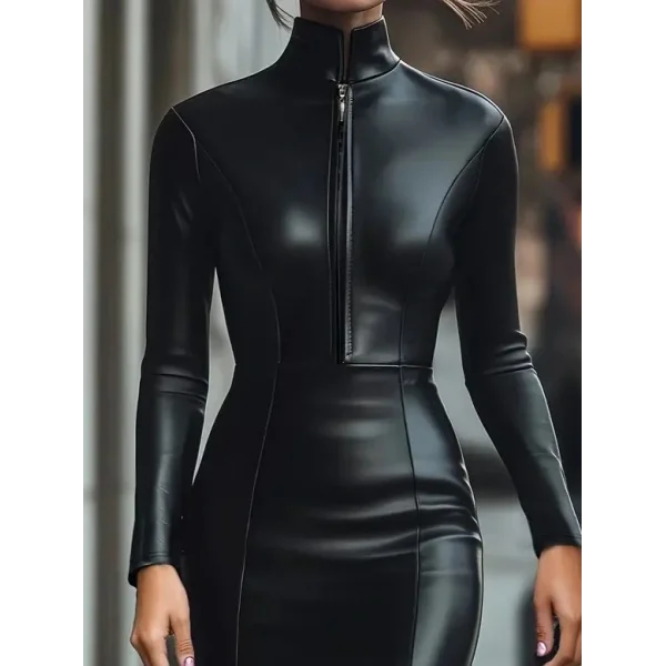 Kadın Uzun Kollu Yakalı Fermuarlı Mini Deri Elbise