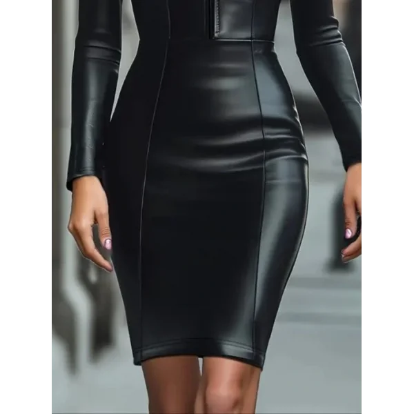 Kadın Uzun Kollu Yakalı Fermuarlı Mini Deri Elbise