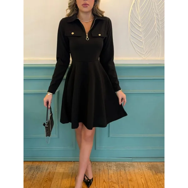Kadın Uzun Kollu Yakalı Fermuarlı Ve Cepli Kısa Ithal Krep Kısa Elbise