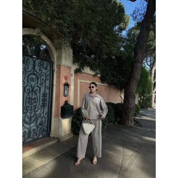 Kadın Uzun Kollu Yakalı Gömlek Pantalon Takım- Gri