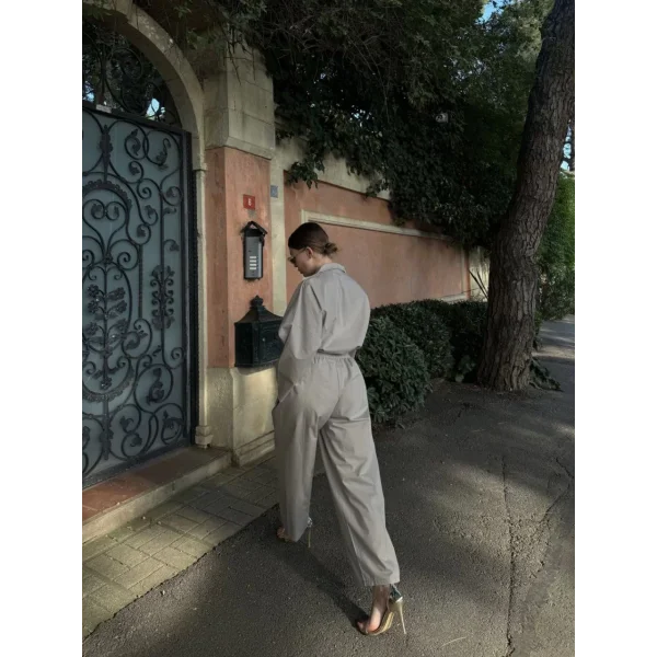 Kadın Uzun Kollu Yakalı Gömlek Pantalon Takım- Gri