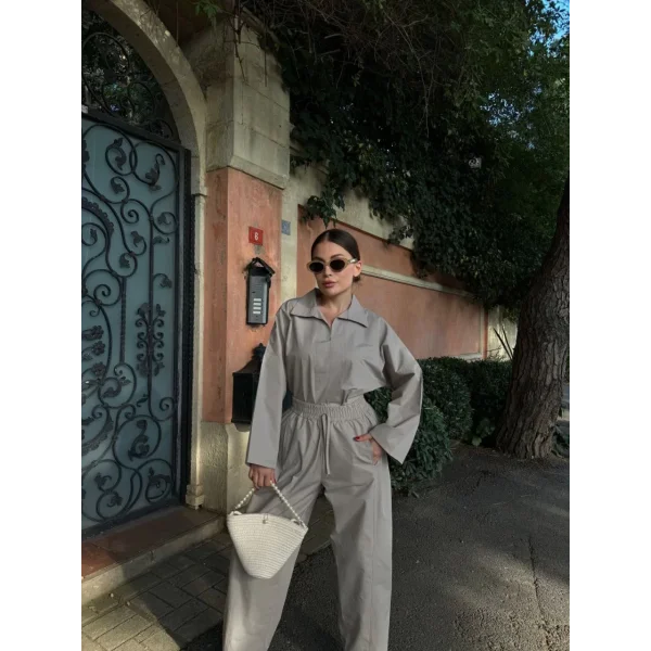 Kadın Uzun Kollu Yakalı Gömlek Pantalon Takım- Gri