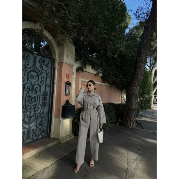 Kadın Uzun Kollu Yakalı Gömlek Pantalon Takım- Gri