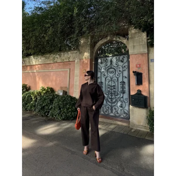 Kadın Uzun Kollu Yakalı Gömlek Pantalon Takım- Kahverengi