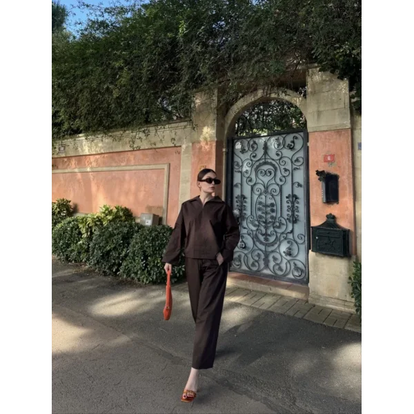 Kadın Uzun Kollu Yakalı Gömlek Pantalon Takım- Kahverengi