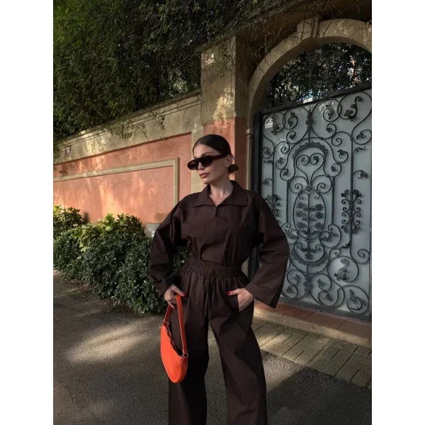 Kadın Uzun Kollu Yakalı Gömlek Pantalon Takım- Kahverengi