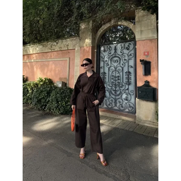 Kadın Uzun Kollu Yakalı Gömlek Pantalon Takım- Kahverengi