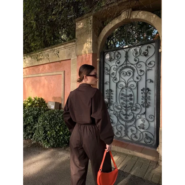 Kadın Uzun Kollu Yakalı Gömlek Pantalon Takım- Kahverengi