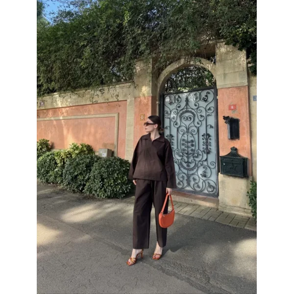 Kadın Uzun Kollu Yakalı Gömlek Pantalon Takım- Kahverengi