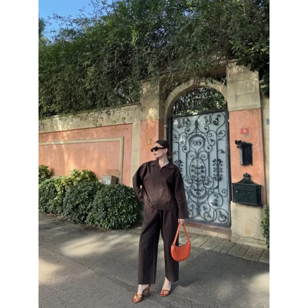 Kadın Uzun Kollu Yakalı Gömlek Pantalon Takım- Kahverengi