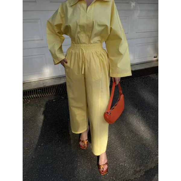 Kadın Uzun Kollu Yakalı Gömlek Pantalon Takım- Sarı
