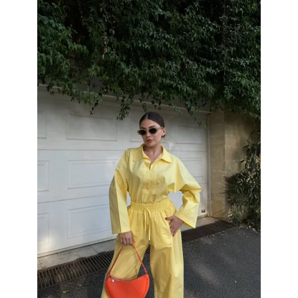 Kadın Uzun Kollu Yakalı Gömlek Pantalon Takım- Sarı