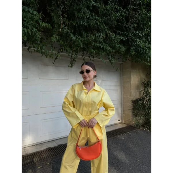 Kadın Uzun Kollu Yakalı Gömlek Pantalon Takım- Sarı