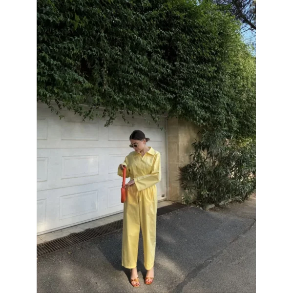 Kadın Uzun Kollu Yakalı Gömlek Pantalon Takım- Sarı