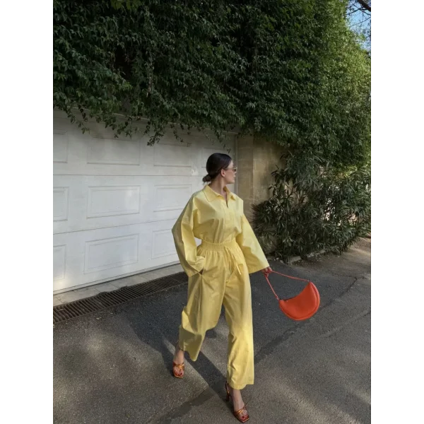 Kadın Uzun Kollu Yakalı Gömlek Pantalon Takım- Sarı