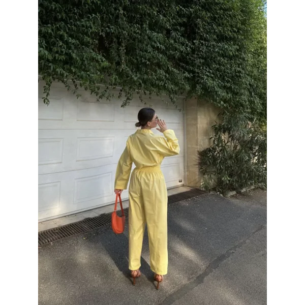 Kadın Uzun Kollu Yakalı Gömlek Pantalon Takım- Sarı