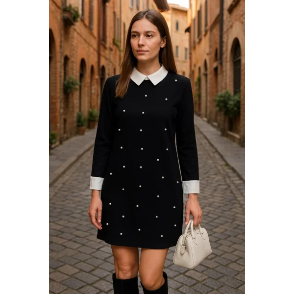 Kadın Uzun Kollu Yakalı Incili Ithal Krep Elbise