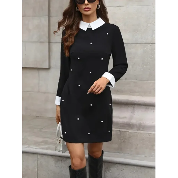 Kadın Uzun Kollu Yakalı Incili Ithal Krep Elbise