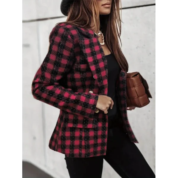 Kadın Uzun Kollu Yakalı Kare Desenli Ekoseli Düğmeli Ceket