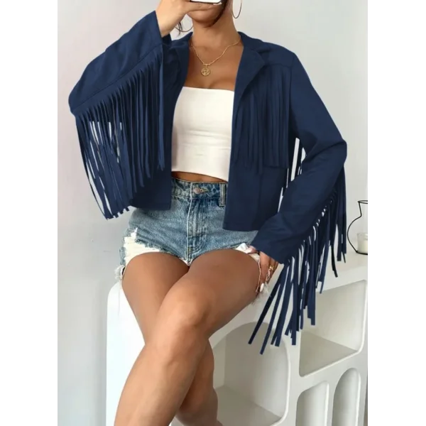 Kadın Uzun Kollu Yakalı Kısa Püsküllü Süet Ceket