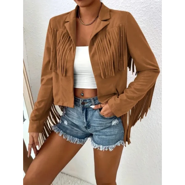 Kadın Uzun Kollu Yakalı Kısa Püsküllü Süet Ceket