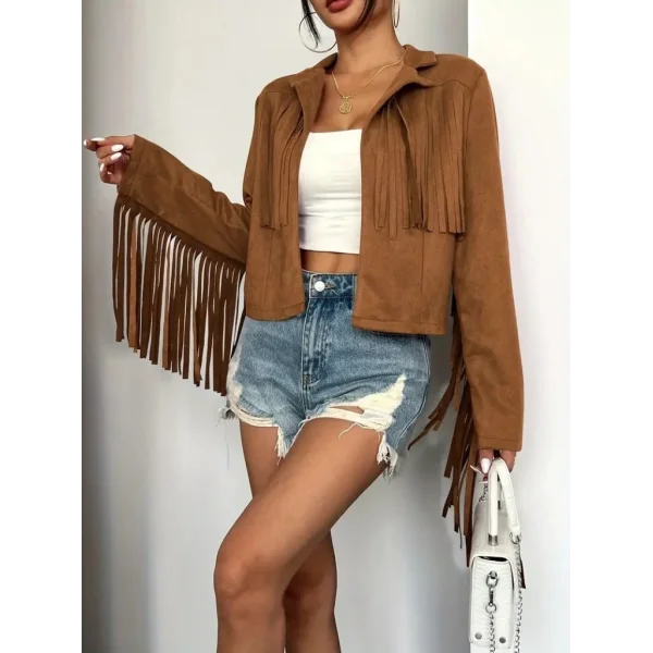 Kadın Uzun Kollu Yakalı Kısa Püsküllü Süet Ceket