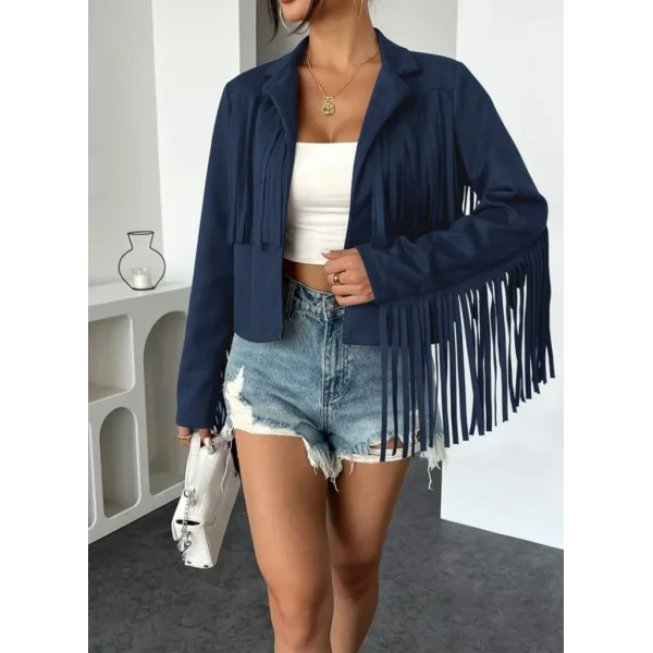 Kadın Uzun Kollu Yakalı Kısa Püsküllü Süet Ceket