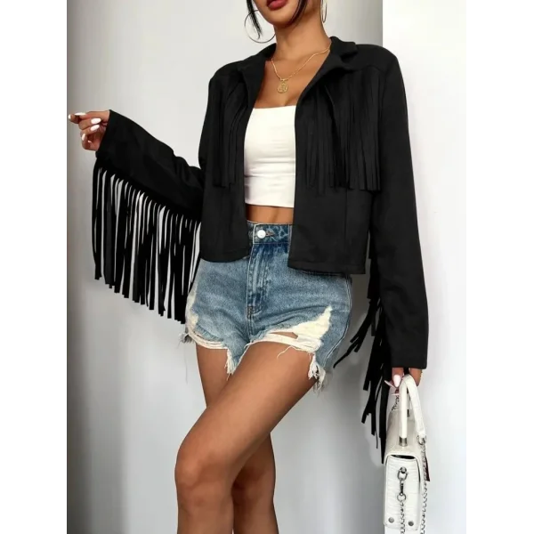 Kadın Uzun Kollu Yakalı Kısa Püsküllü Süet Ceket