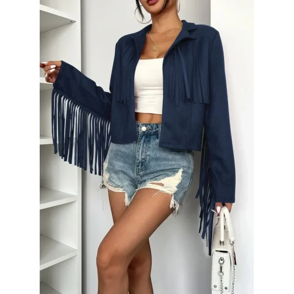 Kadın Uzun Kollu Yakalı Kısa Püsküllü Süet Ceket