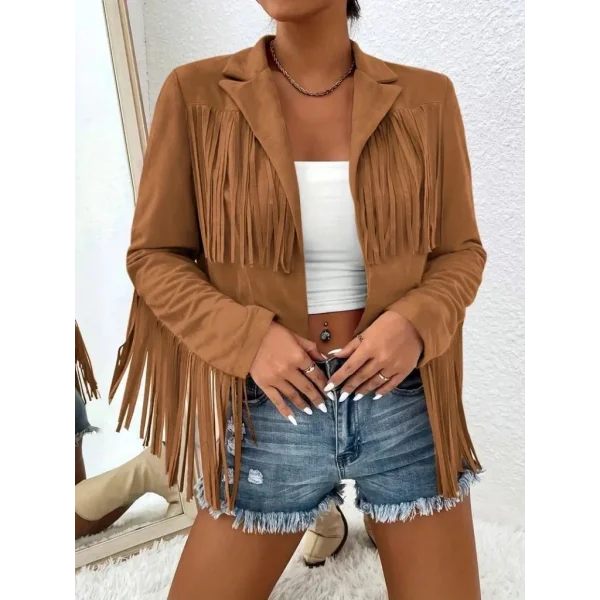 Kadın Uzun Kollu Yakalı Kısa Püsküllü Süet Ceket