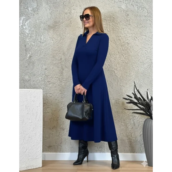 Kadın Uzun Kollu Yakalı Midi Viskon Iki Iplik Elbise