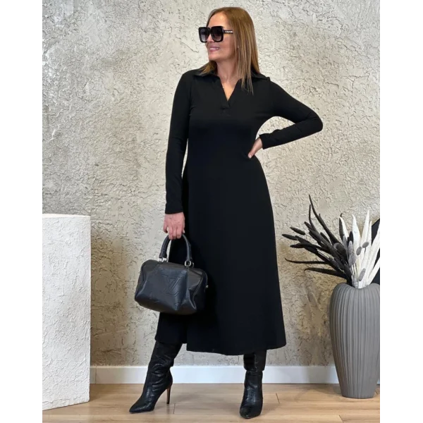 Kadın Uzun Kollu Yakalı Midi Viskon Iki Iplik Elbise