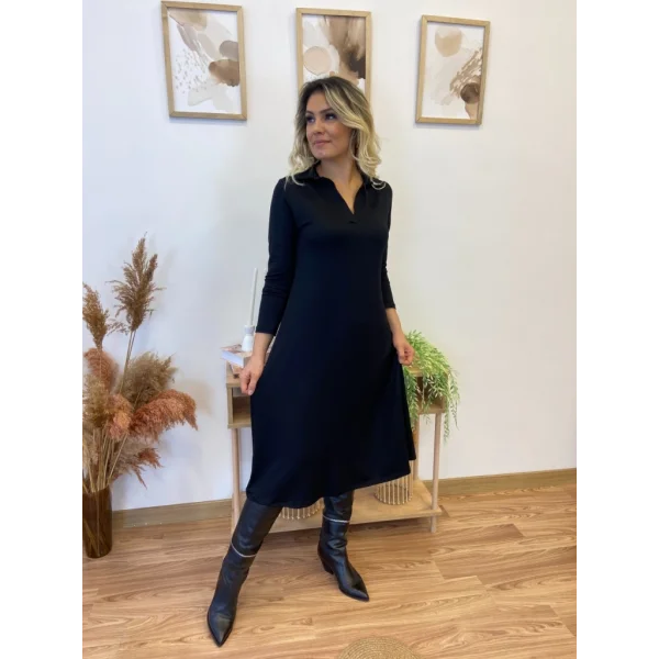 Kadın Uzun Kollu Yakalı Midi Viskon Iki Iplik Elbise