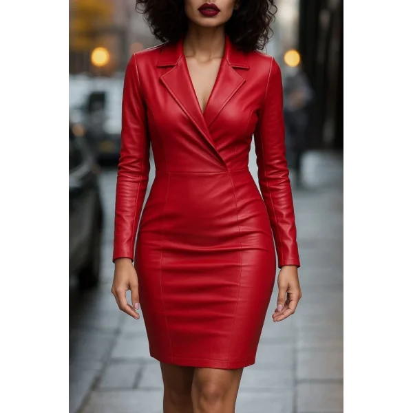 Kadın Uzun Kollu Yakalı Mini Deri Elbise