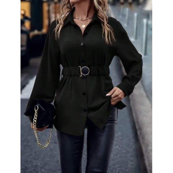 Kadın Uzun Kollu Yakalı önden Düğmeli Belden Kemerli Ithal Krep Bluz