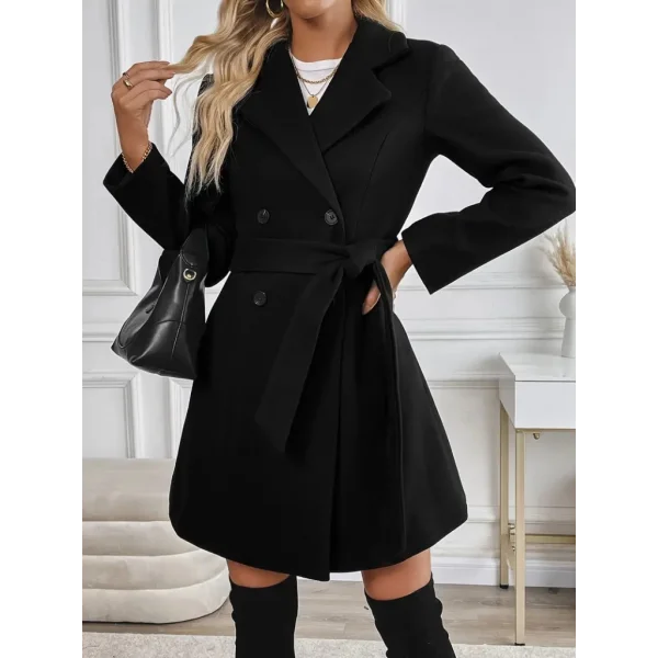 Kadın Uzun Kollu Yakalı önden Düğmeli Belden Kuşaklı Kısa Kaşe Kaban