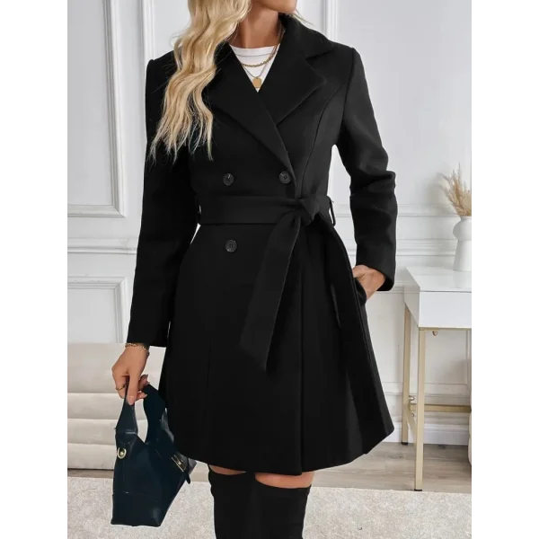 Kadın Uzun Kollu Yakalı önden Düğmeli Belden Kuşaklı Kısa Kaşe Kaban