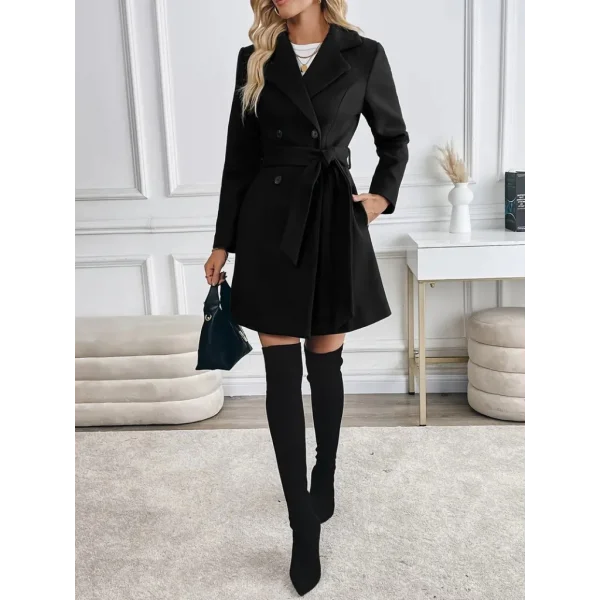 Kadın Uzun Kollu Yakalı önden Düğmeli Belden Kuşaklı Kısa Kaşe Kaban