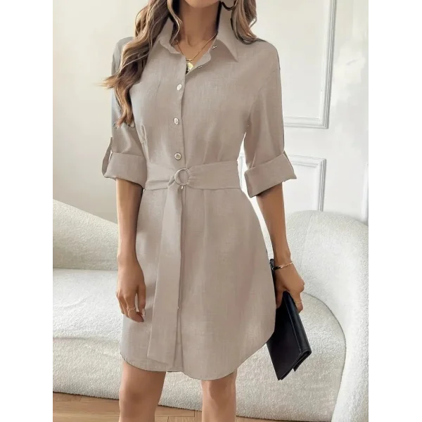 Kadın Uzun Kollu Yakalı önden Düğmeli Beli Kuşaklı Mini Ithal Keten Elbise
