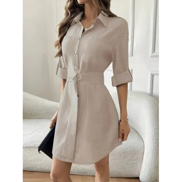 Kadın Uzun Kollu Yakalı önden Düğmeli Beli Kuşaklı Mini Ithal Keten Elbise