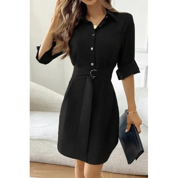Kadın Uzun Kollu Yakalı önden Düğmeli Beli Kuşaklı Mini Ithal Keten Elbise