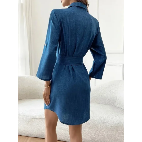 Kadın Uzun Kollu Yakalı önden Düğmeli Beli Kuşaklı Mini Ithal Keten Elbise