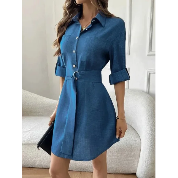 Kadın Uzun Kollu Yakalı önden Düğmeli Beli Kuşaklı Mini Ithal Keten Elbise