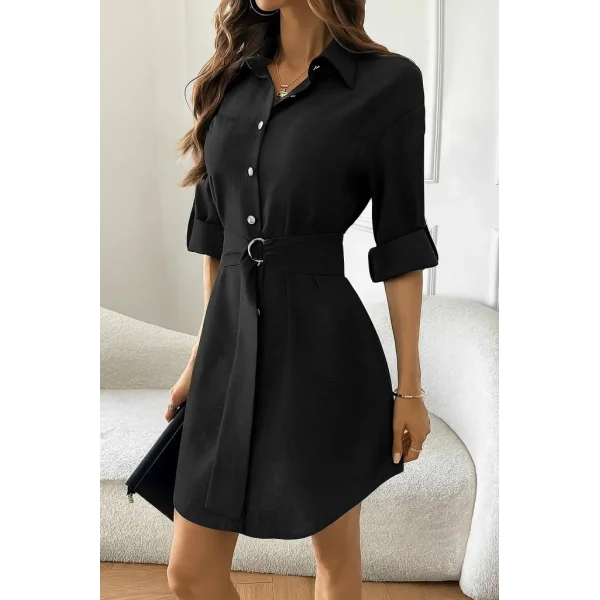 Kadın Uzun Kollu Yakalı önden Düğmeli Beli Kuşaklı Mini Ithal Keten Elbise
