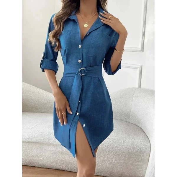 Kadın Uzun Kollu Yakalı önden Düğmeli Beli Kuşaklı Mini Ithal Keten Elbise